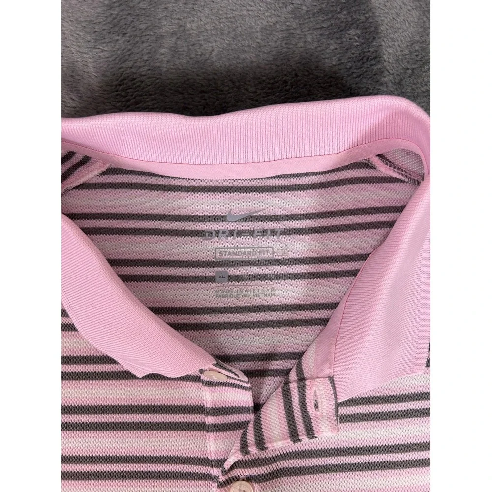 Nike Men's Golf Polo‎ Shirt Pink Grey Stripe Dri-FIT Standard Fit Size XL
